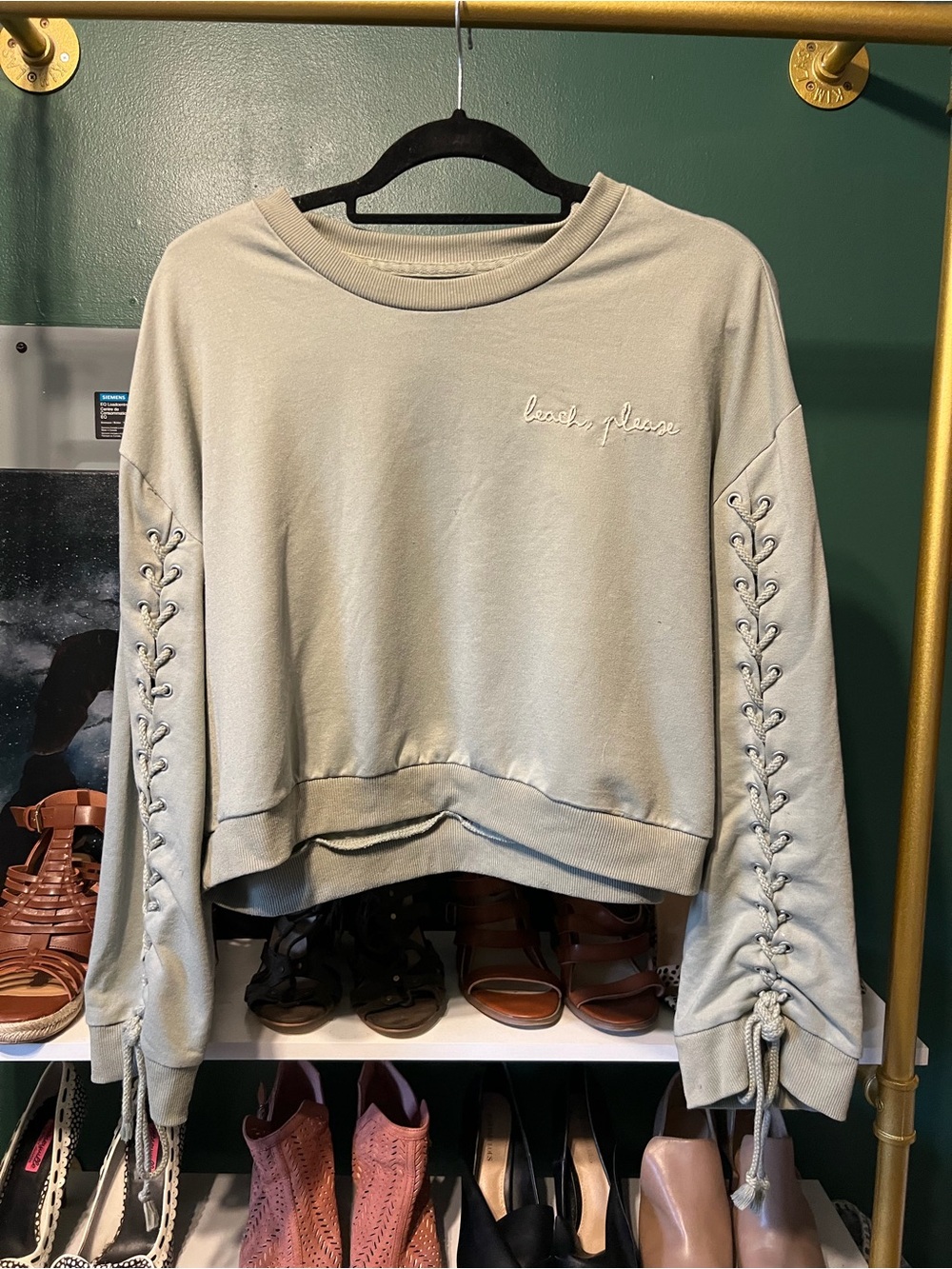 Cozy Beach Please Lace-Up Sleeve Crop Sweatshirt - Sage